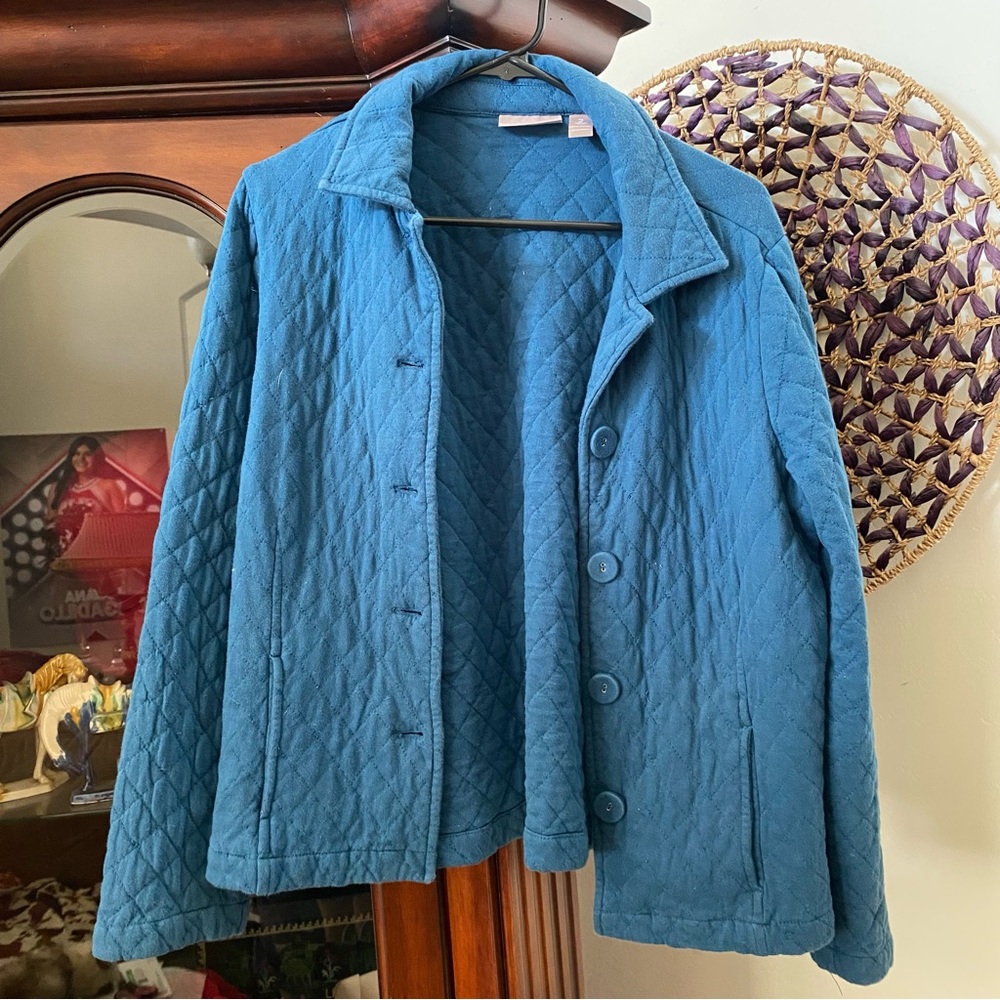 Chico’s Blue Quilted Jacket sz 2 (L-12) Cotton Cottage Western Lightweight